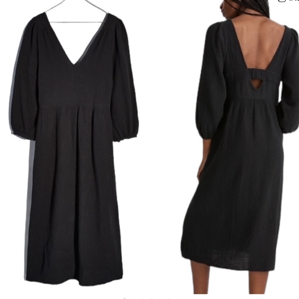 Madewell Cotton Gauze V-Neck Midi Dress Long Sleeve True Black XXS
